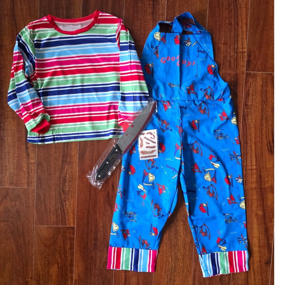 Chucky Child (S) Horror Movie Costume Set Good Guys Overalls Shirt Knife Tattoos